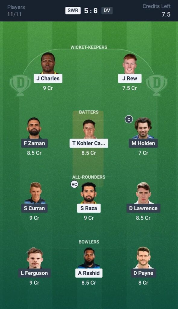 Dream11 Team For SWR vs DV Dream11 Team For SWR vs DV
