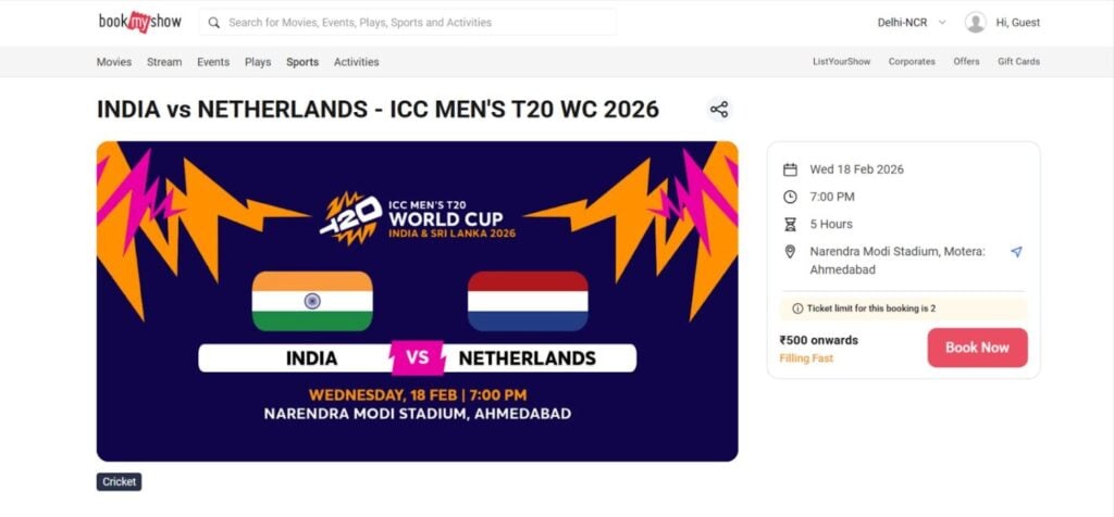 India vs Netherlands T20 WC 2026 Tickets Pricing India vs Netherlands T20 WC 2026 Tickets Pricing