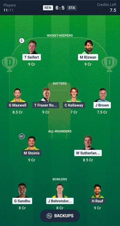 Dream 11 Team For REN vs STA Dream 11 Team For REN vs STA