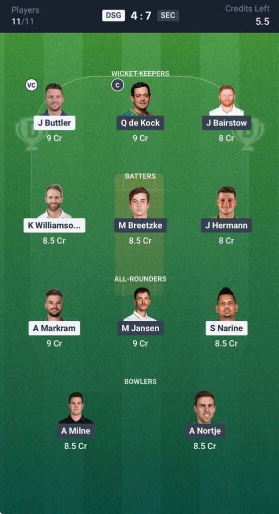 Dream11 Team For DSG vs SEC Dream11 Team For DSG vs SEC