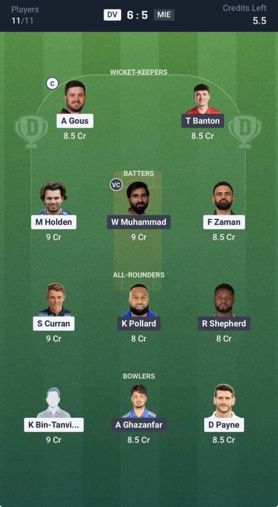 Dream11 Team For DV vs MIE Dream11 Team For DV vs MIE