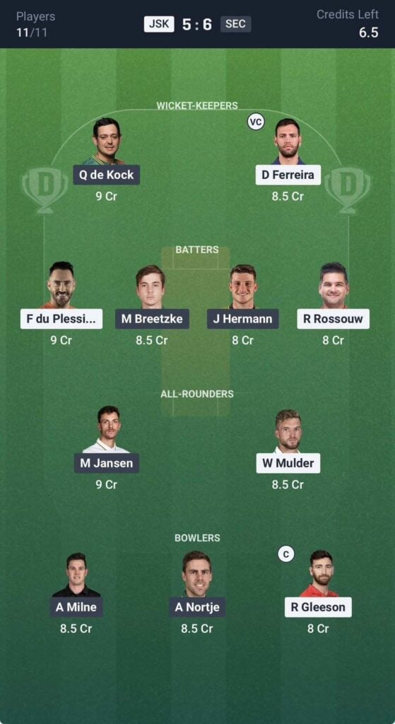 Dream11 Team For JSK vs SEC Dream11 Team For JSK vs SEC