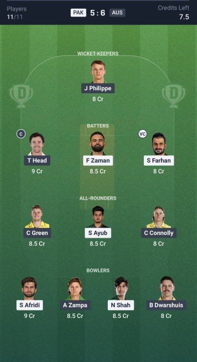 Dream11 Team For PAK vs AUS Dream11 Team For PAK vs AUS