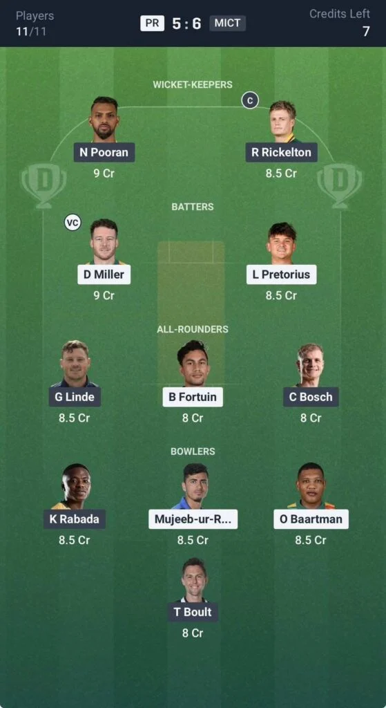 Dream11 Team For PR vs MICT Dream11 Team For PR vs MICT