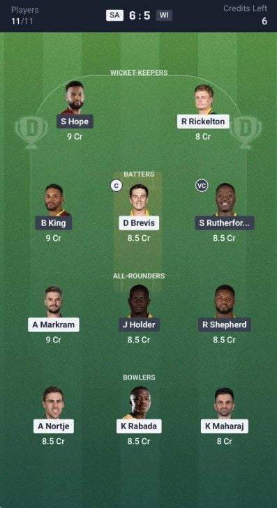 Dream11 Team For SA vs WI 1st T20I Dream11 Team For SA vs WI 1st T20I