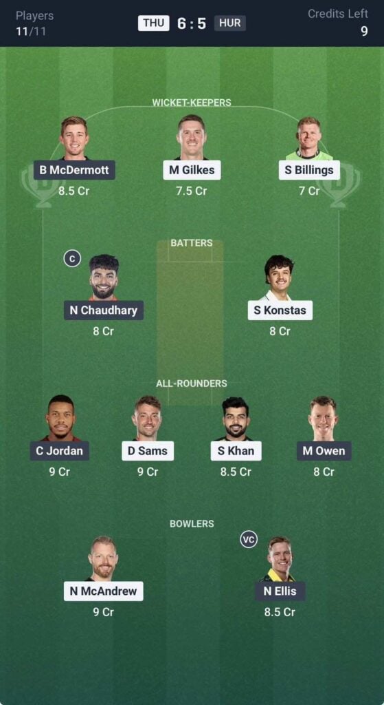 Dream11 Team For THU vs HUR Dream11 Team For THU vs HUR