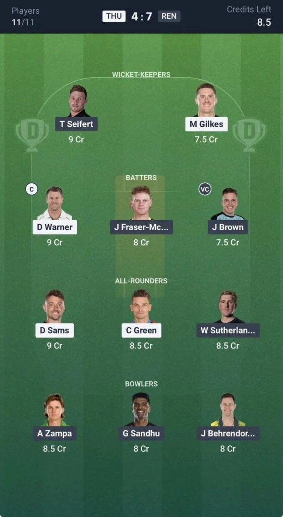 Dream11 Team For THU vs REN Dream11 Team For THU vs REN