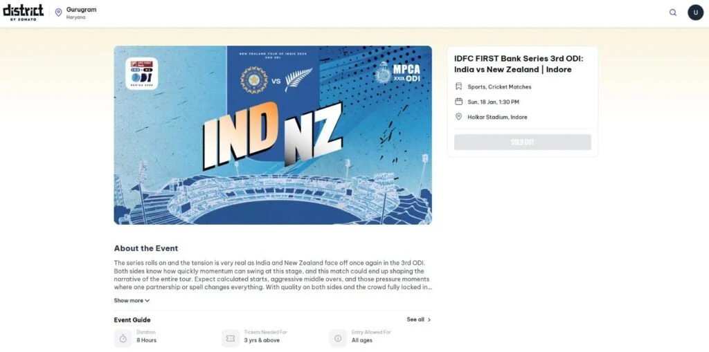 IND vs NZ ODI Tickets Sold out on district by zomato IND vs NZ ODI Tickets Sold out on district by zomato