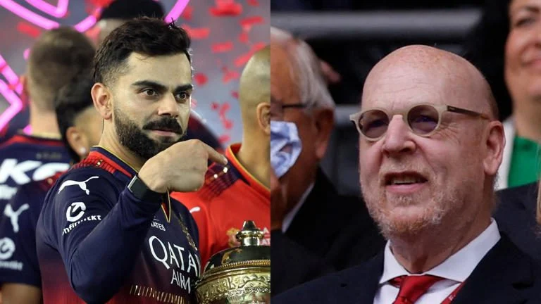 Virat Kohli holding ipl trophy and Manchester United owner Virat Kohli holding ipl trophy and Manchester United owner