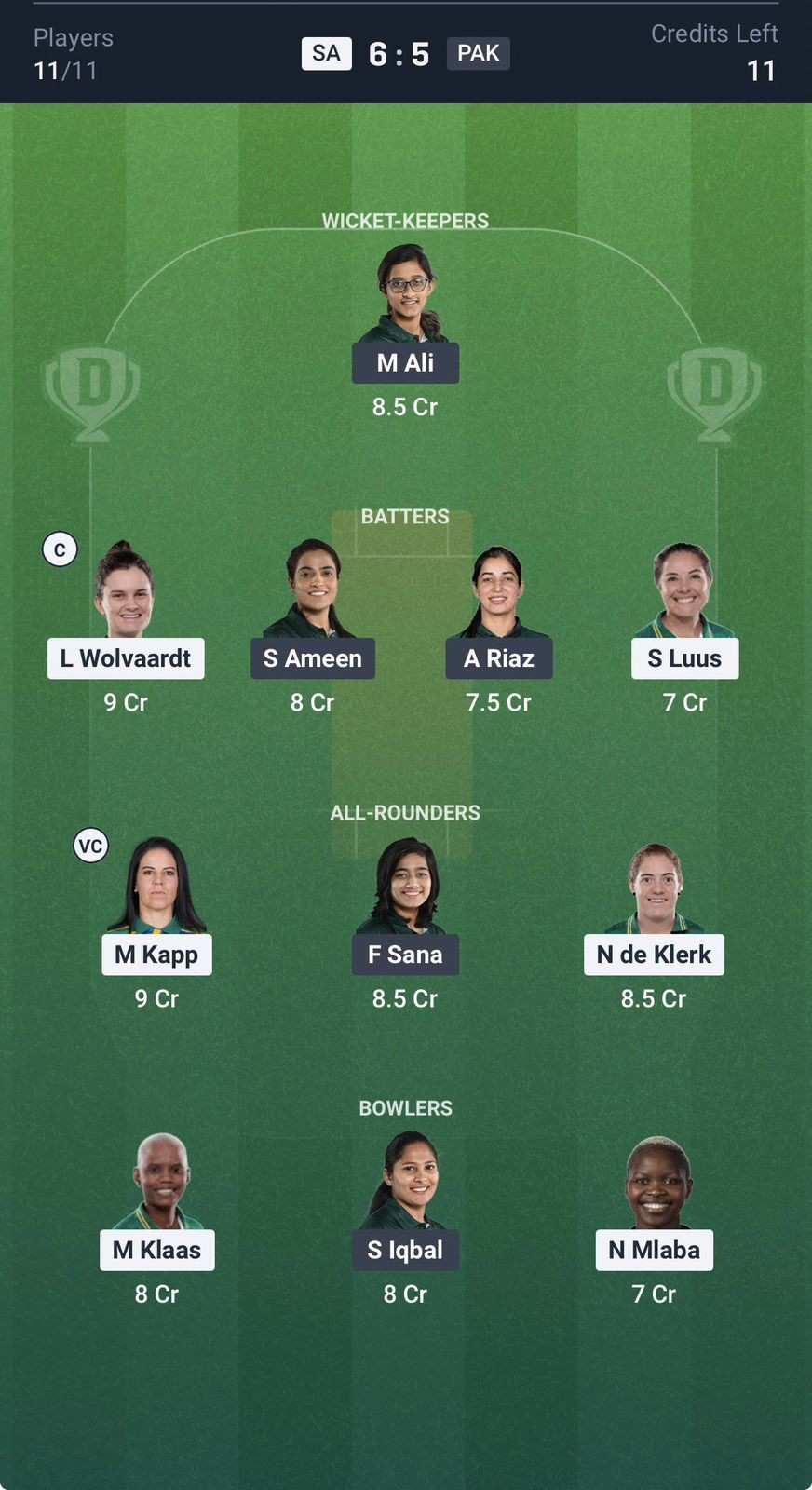 Dream11 team for SA Women vs PAK Women Dream11 team for SA Women vs PAK Women