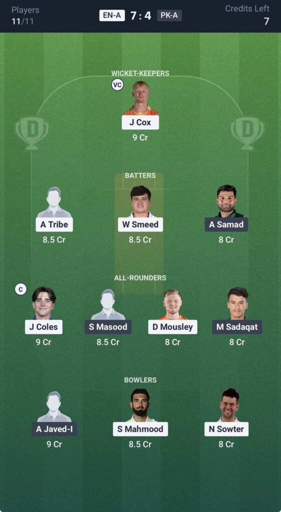 Dream 11 team for ENG A vs PAK A Dream 11 team for ENG A vs PAK A
