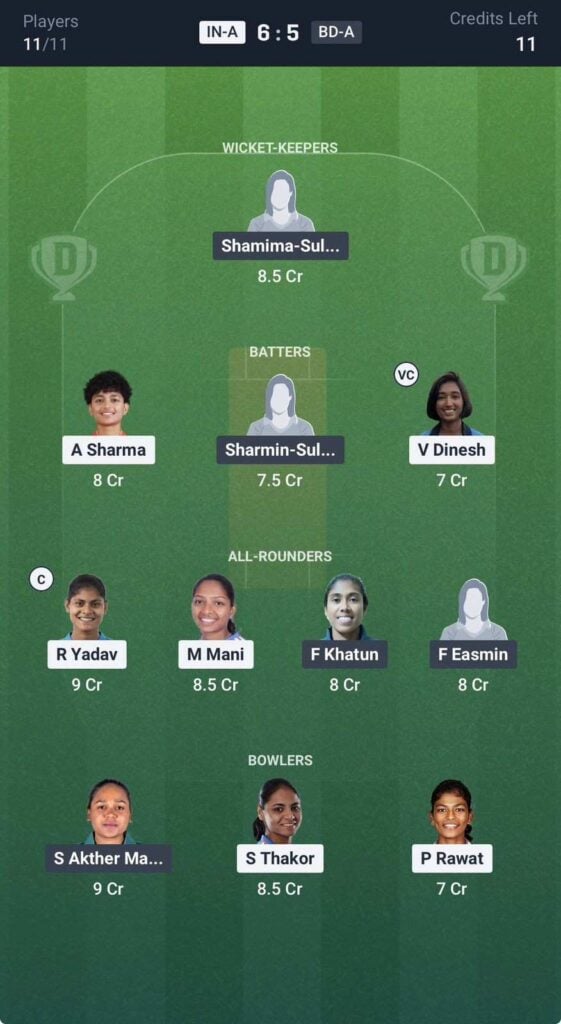 Dream 11 team for IND A W vs BAN A W Dream 11 team for IND A W vs BAN A W