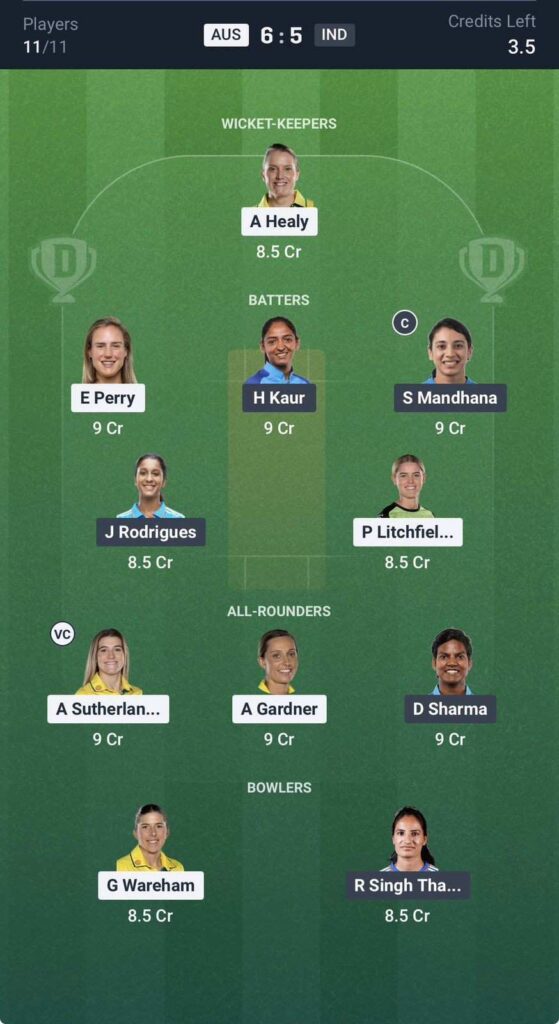 Dream 11 team for IND W vs AUS W Dream 11 team for IND W vs AUS W
