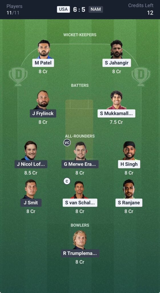 Dream 11 team for NAM vs USA Dream 11 team for NAM vs USA