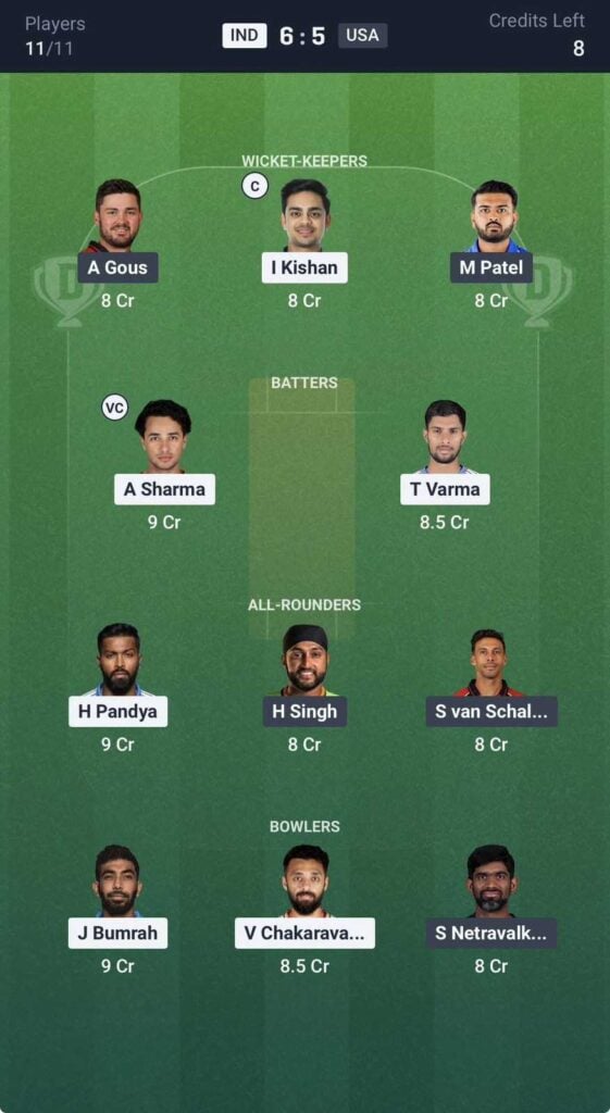 Dream11 Team For India vs USA Dream11 Team For India vs USA
