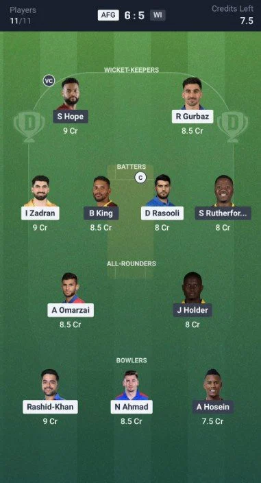 Dream11 Team For Afghanistan vs West Indies Dream11 Team For Afghanistan vs West Indies