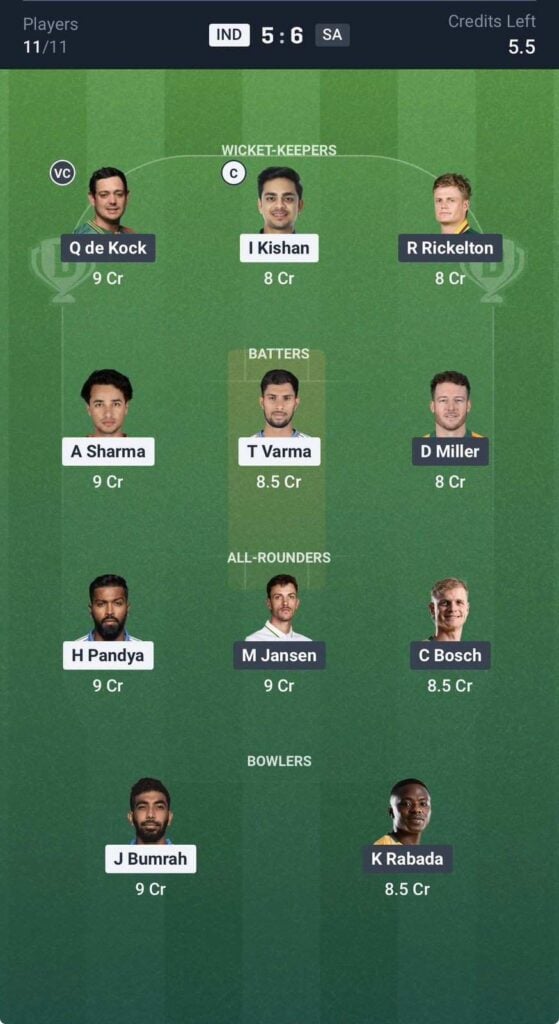Dream11 Team For India vs South Africa Dream11 Team For India vs South Africa