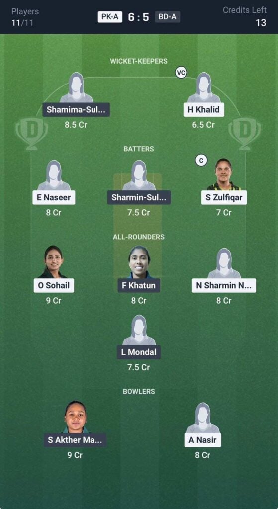 Dream11 Team for PAK A W vs BAN A W