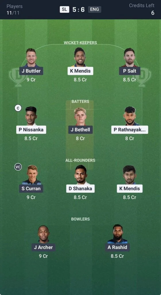 Dream11 team for SL vs ENG Dream11 team for SL vs ENG