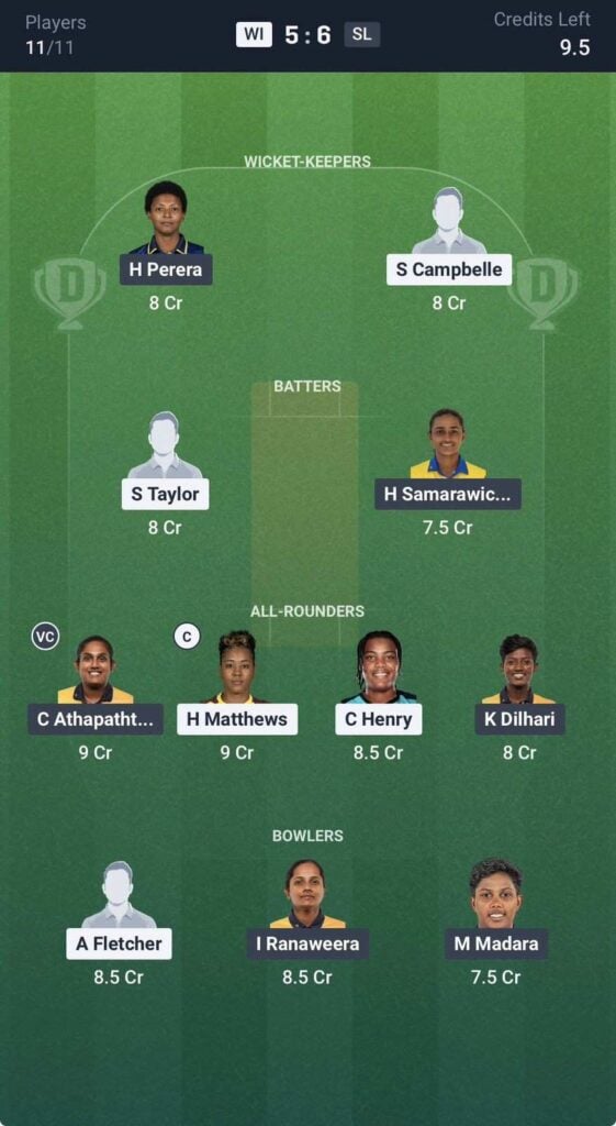 Dream11 team for WI W vs SL W Dream11 team for WI W vs SL W