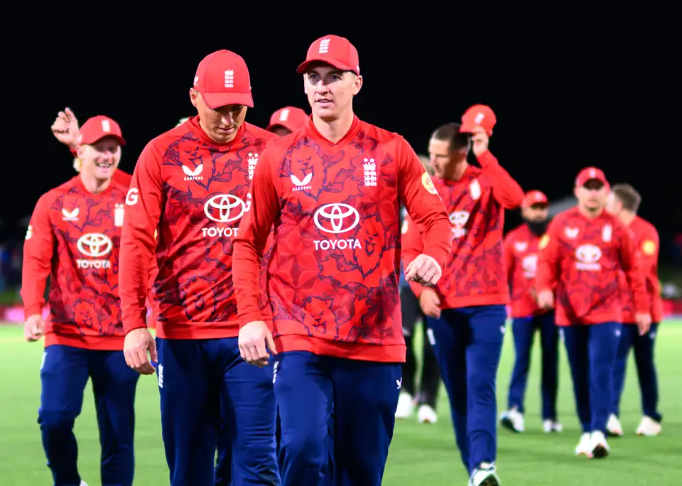 Harry Brook leads his team from the field after victory in the second T20I Harry Brook leads his team from the field after victory in the second T20I