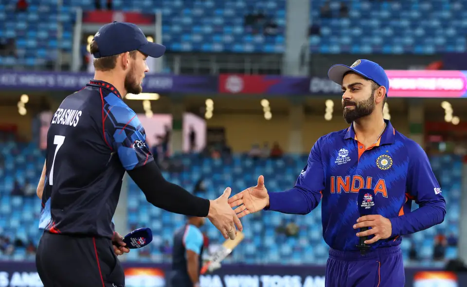 Indian Captain and Namibian Captain shaking hands after the toss Indian Captain and Namibian Captain shaking hands after the toss