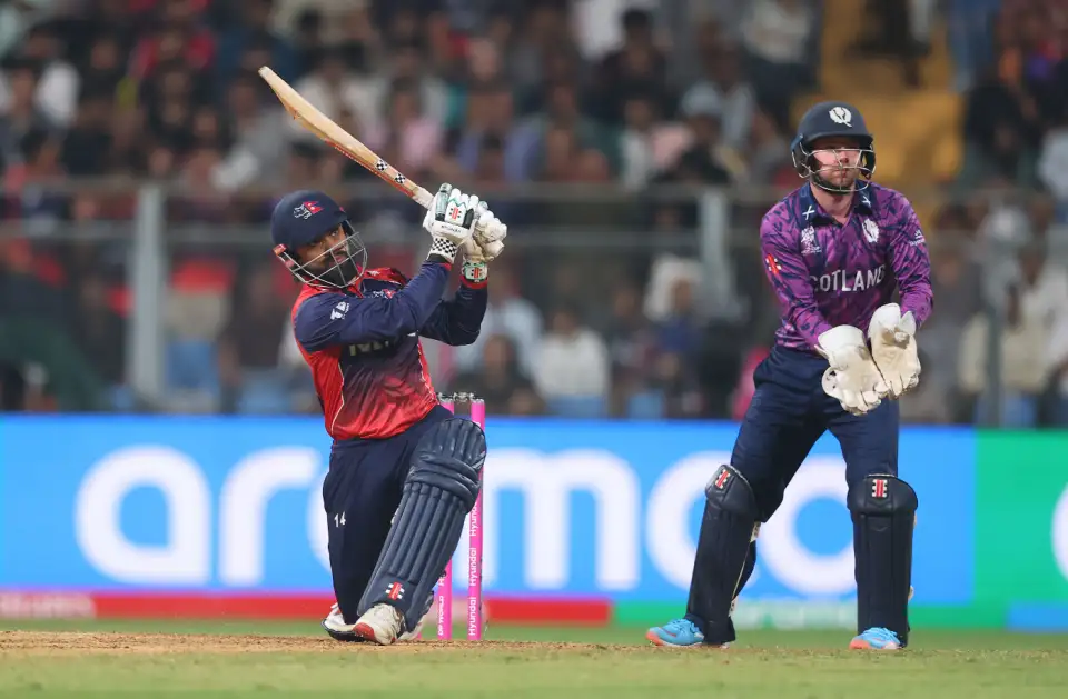 Kushal Bhurtel slams a six during his powerful innings in NEP vs SCO Kushal Bhurtel slams a six during his powerful innings in NEP vs SCO