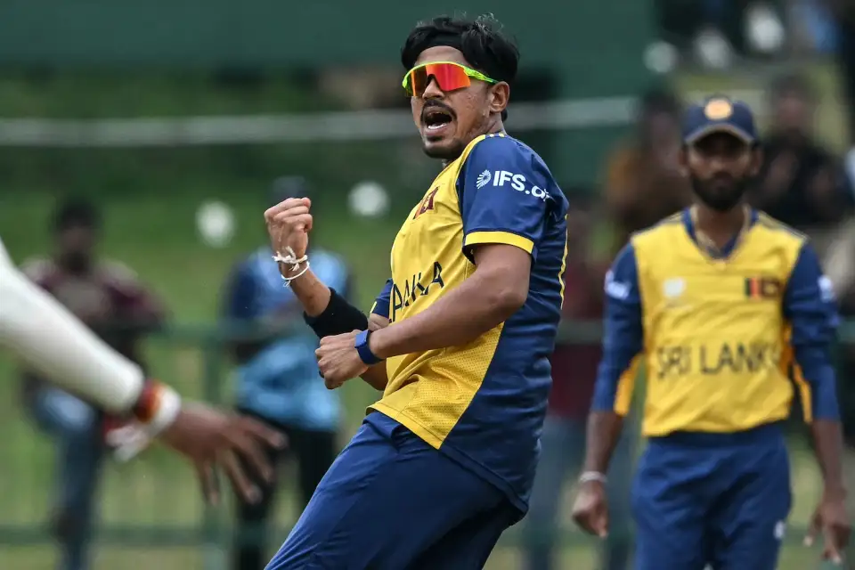 Maheesh Theekshana struck with his first ball Maheesh Theekshana struck with his first ball SL vs OMN Match 16 T20 WC Highlights