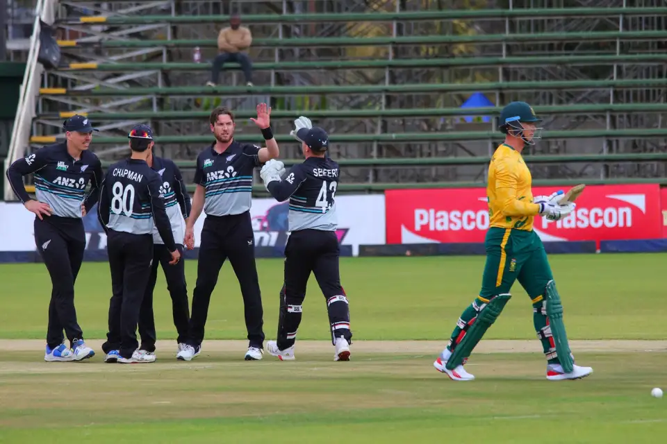 The New Zealand players celebrate a wicket The New Zealand players celebrate a wicket