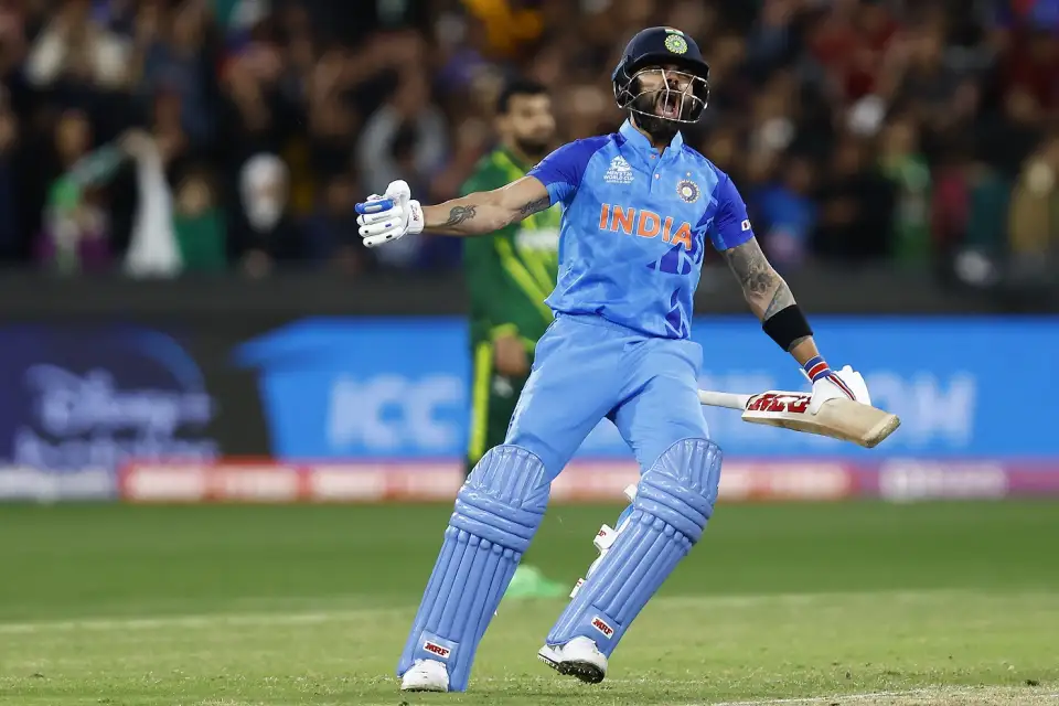 Virat Kohli roars in delight after India got over the line in a match for the ages Virat Kohli roars in delight after India got over the line in a match for the ages