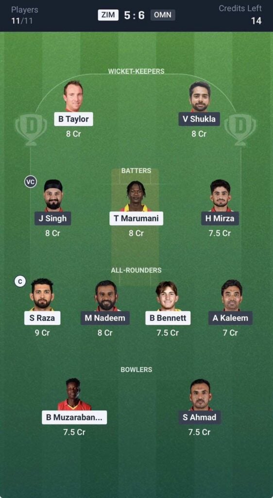 Dream 11 team for zim vs oman Dream 11 team for zim vs oman