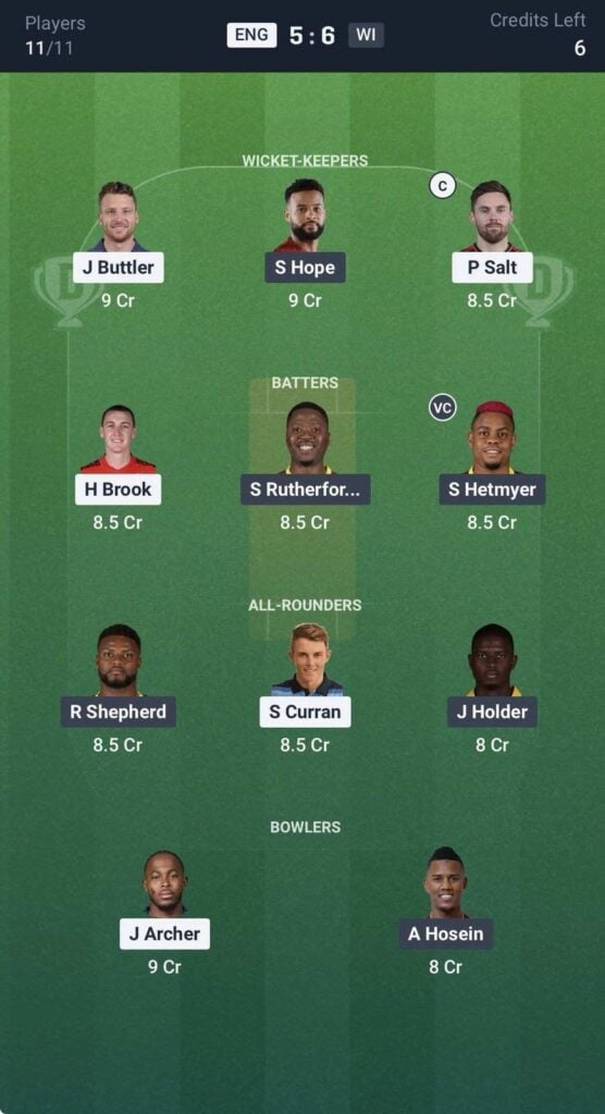 Dream 11 team for ENG VS WI Dream 11 team for ENG VS WI