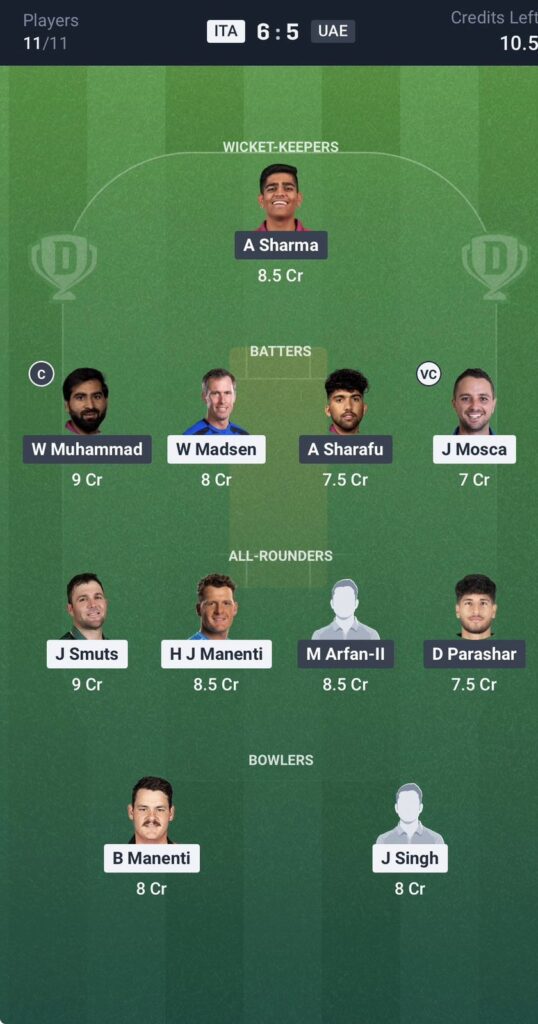 Dream11 Team For Italy vs UAE Dream11 Team For Italy vs UAE