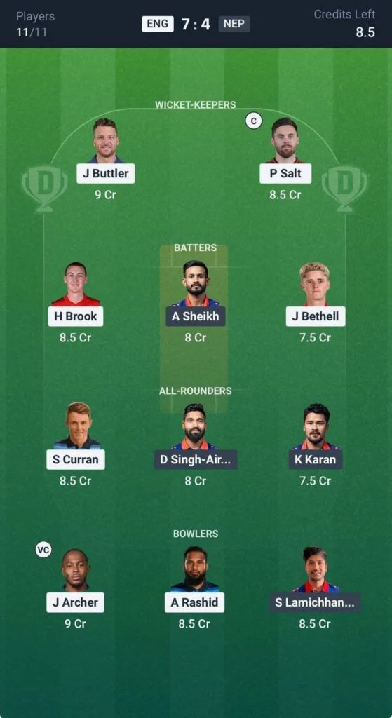 Dream11 Team For England vs Nepal Dream11 Team For England vs Nepal