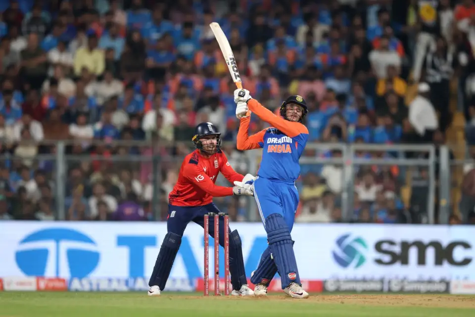 Abhishek Sharma launches one down the ground Abhishek Sharma launches one down the ground