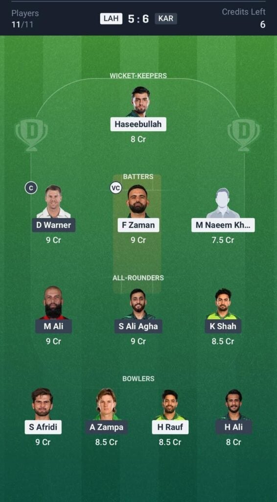 Dream 11 for LQ vs KK Dream 11 for LQ vs KK