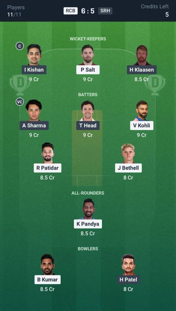 Dream 11 for SRH vs RCB Match 1 Dream 11 for SRH vs RCB Match 1