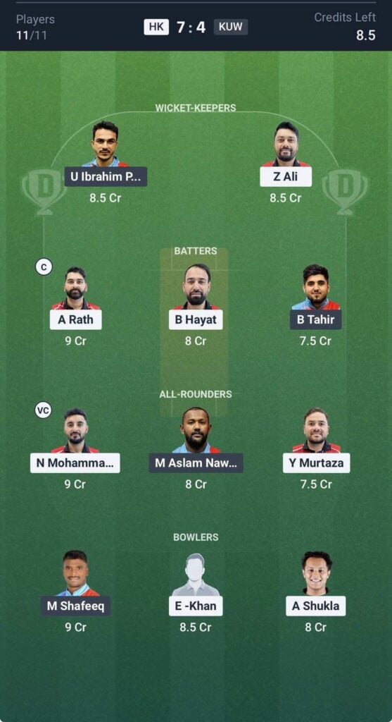 Dream11 team for HK vs KUW Dream11 team for HK vs KUW