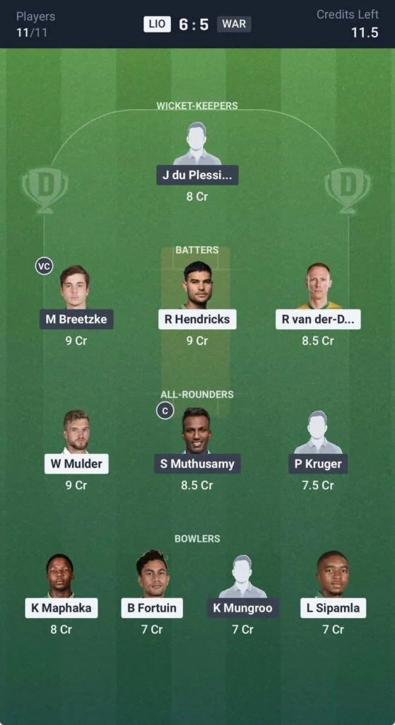 Dream11 team for LIO vs WAR Dream11 team for LIO vs WAR
