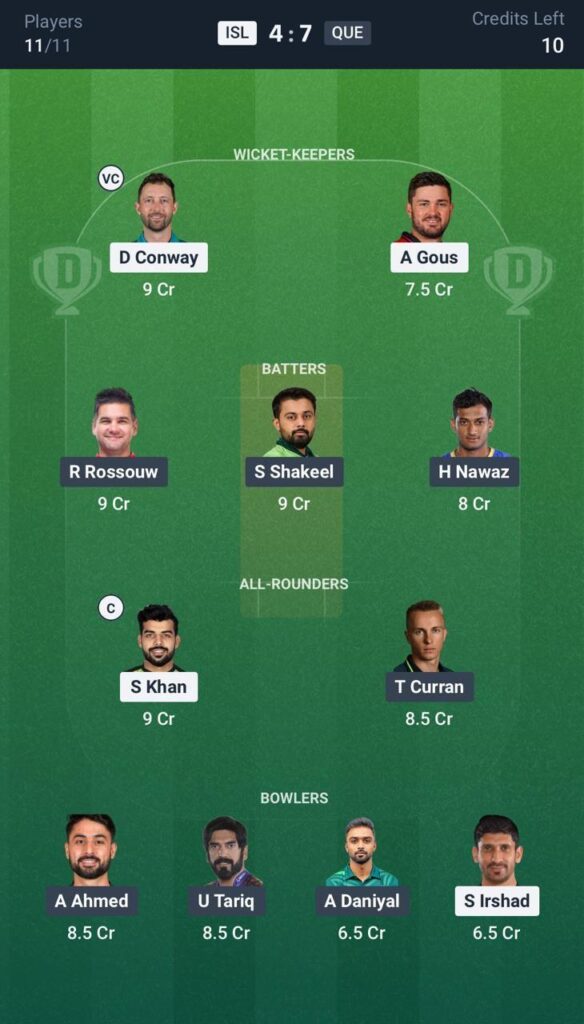 Dream 11 for Islamabad United vs Quetta Gladiators 2 APR PSL Dream 11 for Islamabad United vs Quetta Gladiators 2 APR PSL