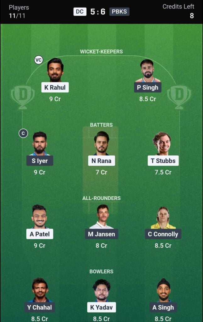 Dream11 Team for DC vs PBKS Dream11 Team for DC vs PBKS