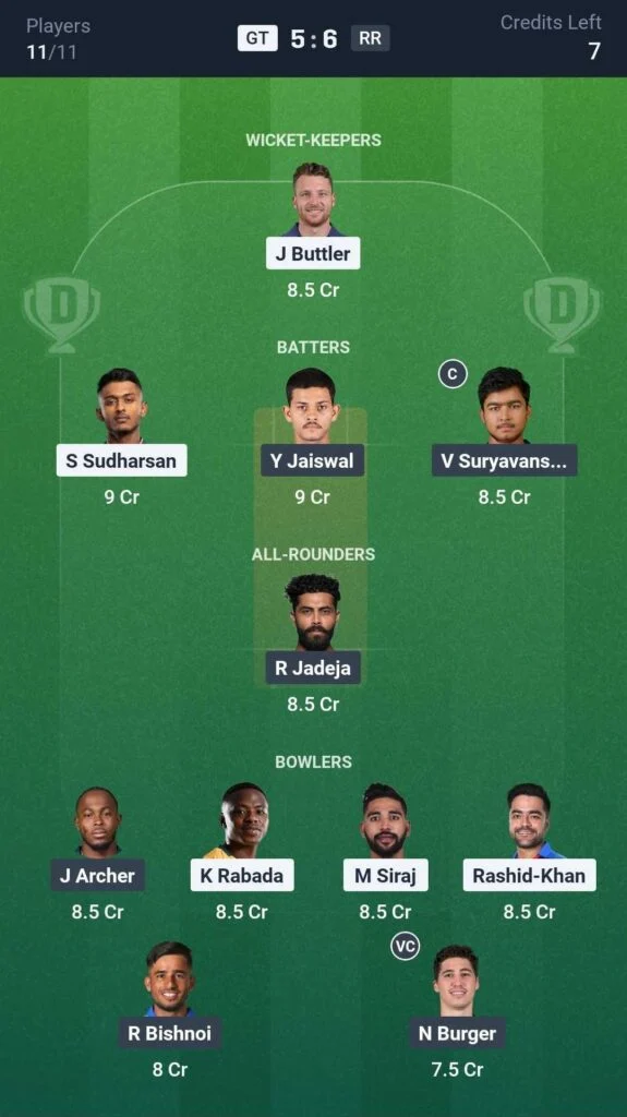 Dream11 Team For GT vs RR Dream11 Team For GT vs RR