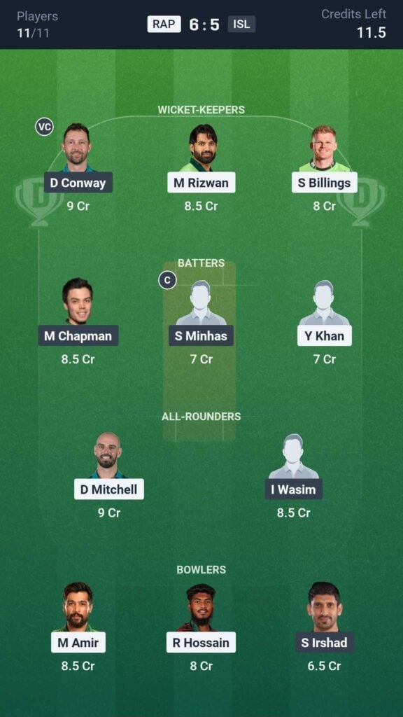 Dream11 Team For RAP vs ISL Dream11 Team For RAP vs ISL
