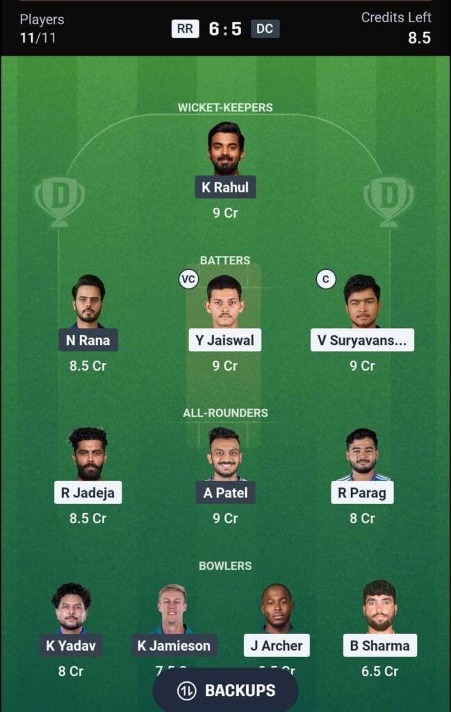 Dream11 Team for Rajasthan Royals vs Delhi Capitals Dream11 Team for Rajasthan Royals vs Delhi Capitals