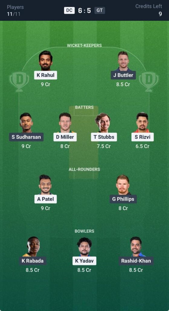 Dream11 Team for DC vs GT Dream11 Team for DC vs GT