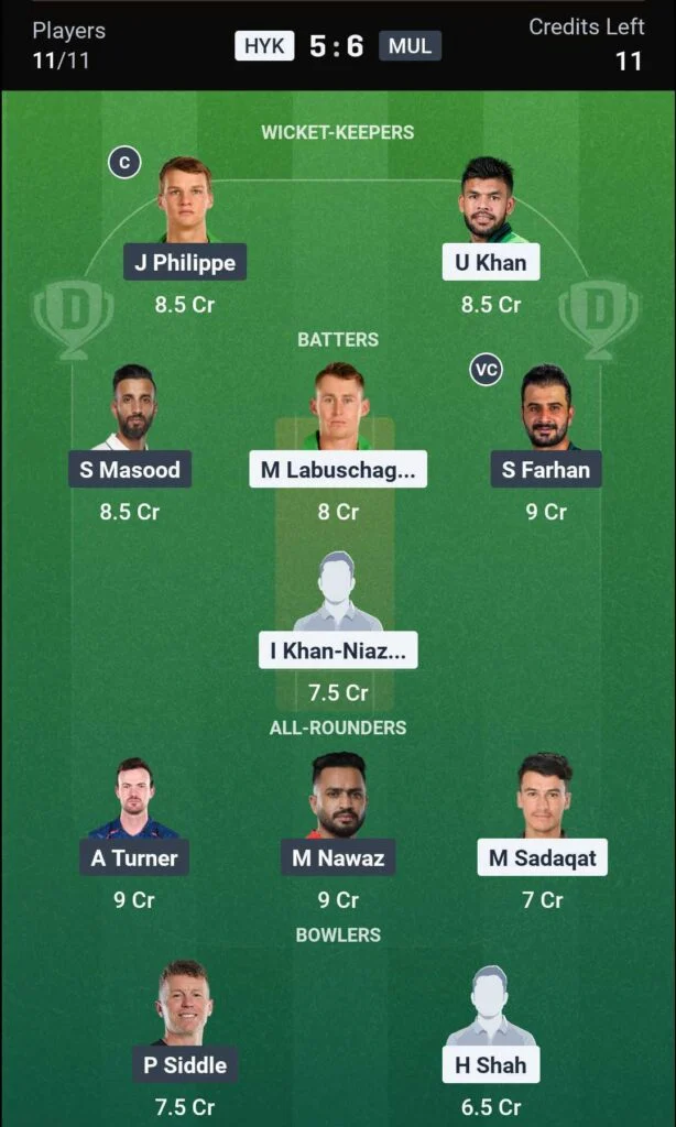 Dream11 Team for Hyderabad Kingsmen vs Multan Sultans