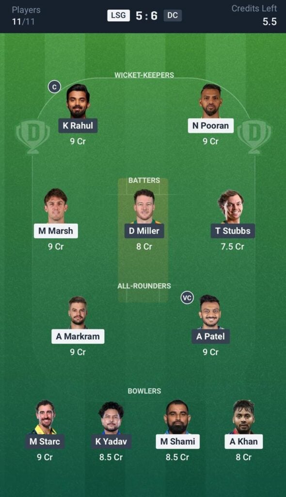 Dream11 for LSG vs DC match 5