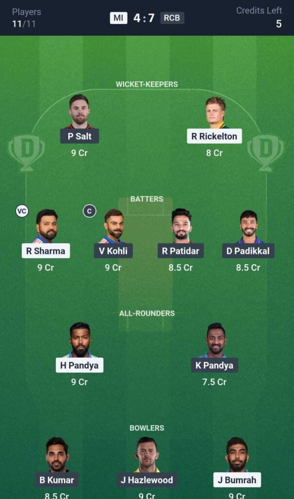 Dream11 Team for MI vs RCB Dream11 Team for MI vs RCB