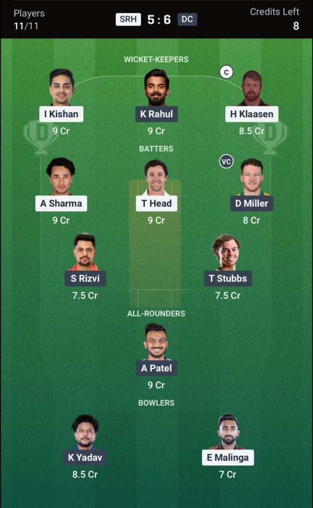 Dream 11 for SRH vs DC Match 31 IPL 2026 Dream 11 for SRH vs DC Match 31 IPL 2026