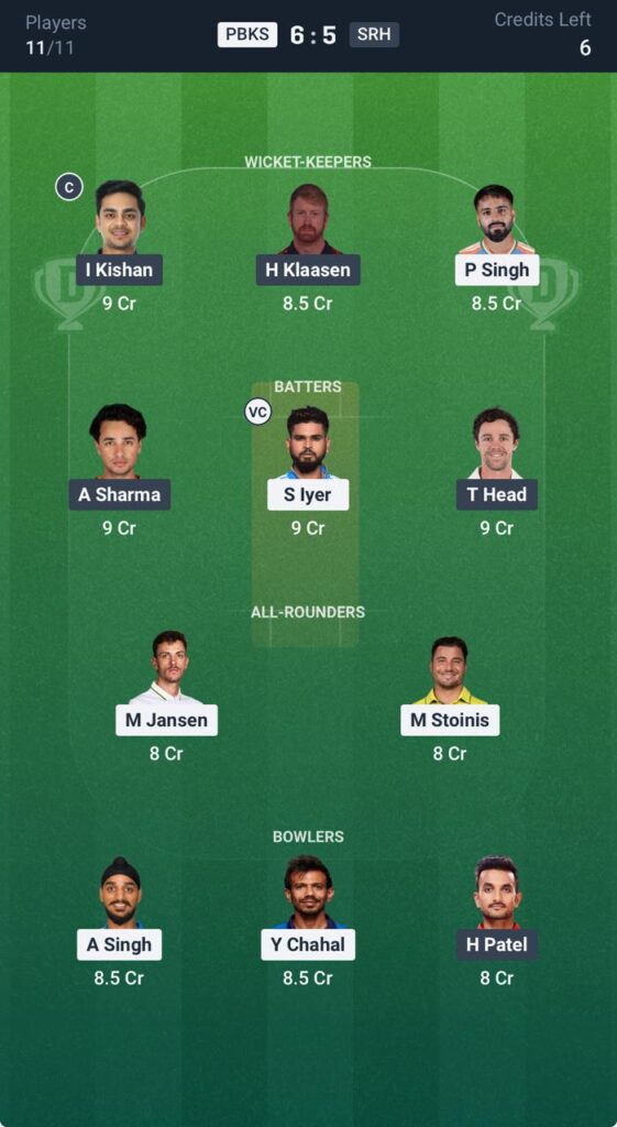 Dream 11 for pbks vs srh Dream 11 for pbks vs srh